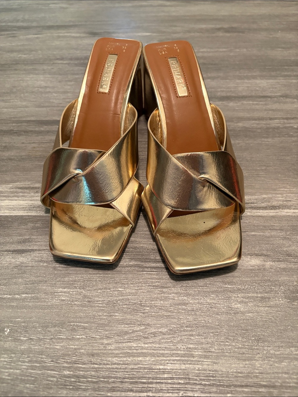 Primark Gold Metallic Twist Strap Square Toe Mules